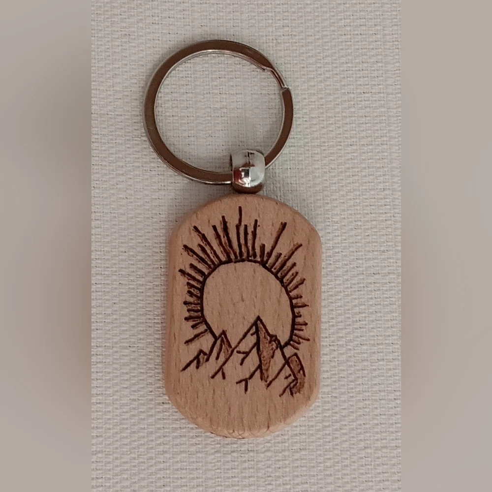 Wooden Keychain with Sun and Mountain Design - Picture 1 of 3